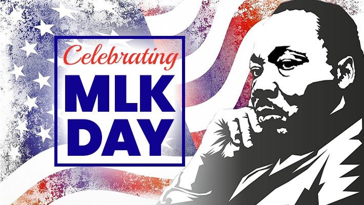 American Flag and a drawing of Martin Luther King with text that reads Celebrating MLK Day