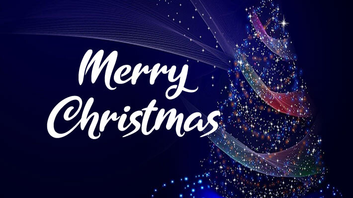 Digital dots and swirls make the shape of a Christmas tree with the text Merry Christmas.