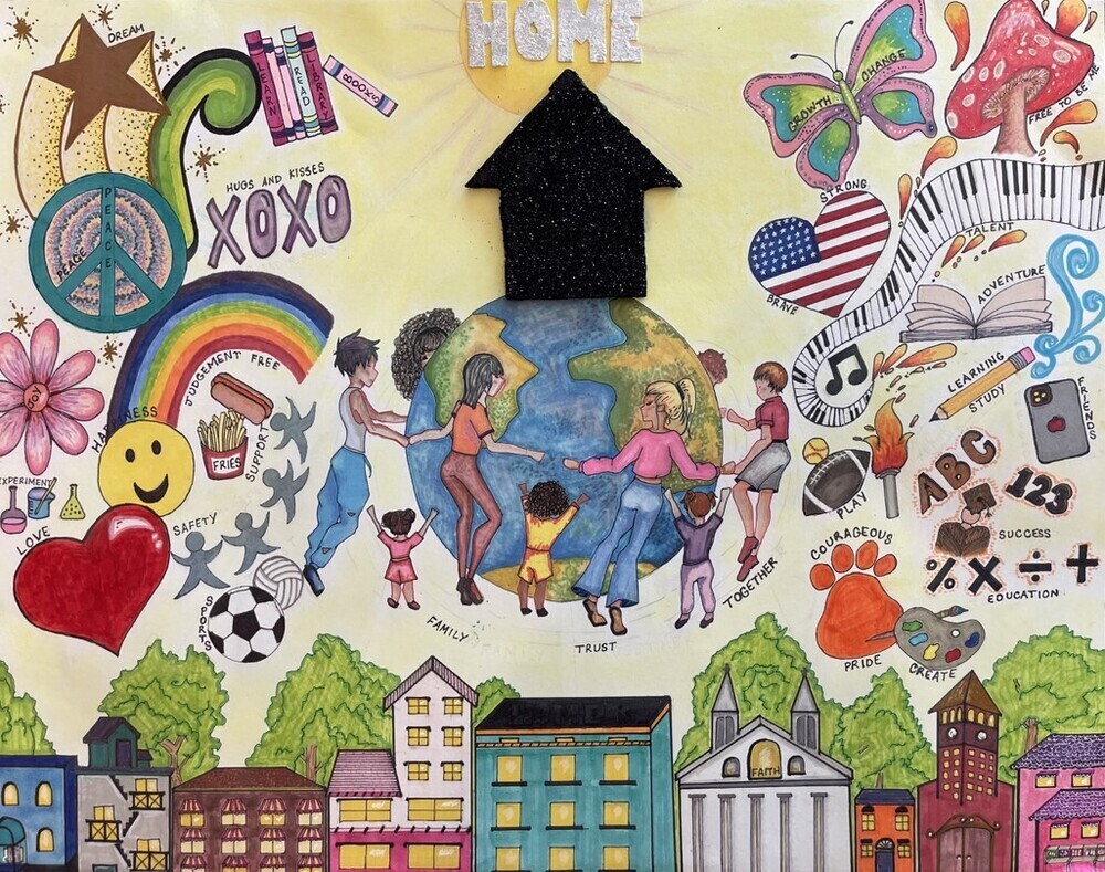 The 2024 What Home Means to Me Calendar Cover. The cover features a girl who is pointing to various images and drawings that remind her of home.