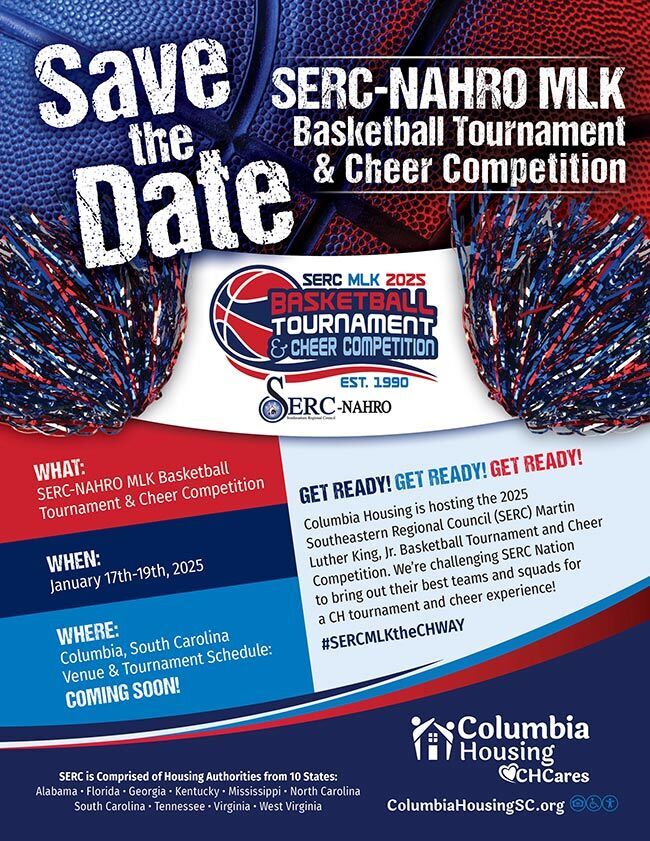 Save the Date - SERC-NAHRO MLK Basketball Tournament and Cheer Competition flyer. All information on this flyer is listed above.